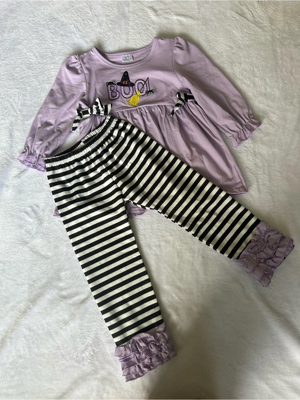Kids Lavender 'Boo' Halloween Set with Striped Pants